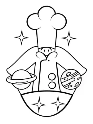 Whimsical chef in a cosmic kitchen coloring pages