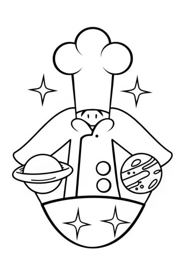 A coloring page of Whimsical chef in a cosmic kitchen