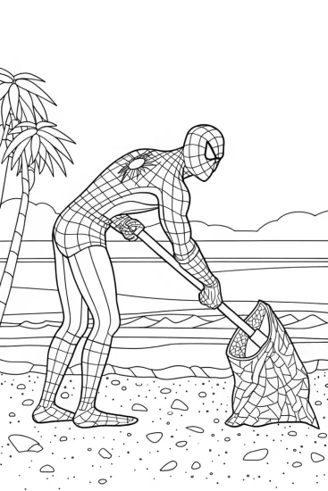 A coloring page of Spider-Man cleaning the beach