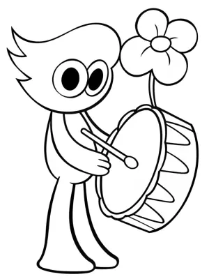 Huggy Wuggy playing a poppy drum coloring pages
