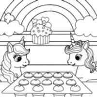 Unicorns baking in a rainbow bakery