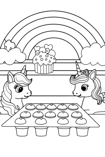 A coloring page of Unicorns baking in a rainbow bakery