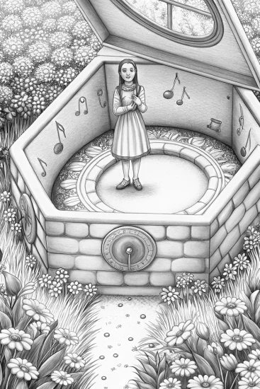 A coloring page of Wednesday Addams in a music box garden