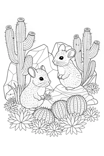 A coloring page of Chinchillas playing in a cactus garden