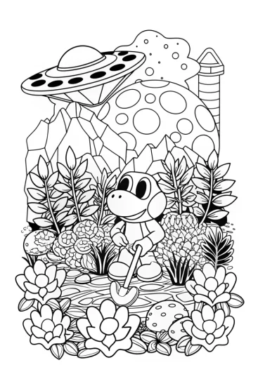 A coloring page of Yoshi gardening on an alien planet