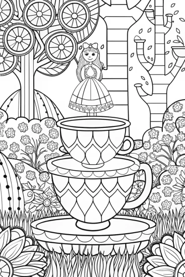 A coloring page of Alice in the enchanted teacup room