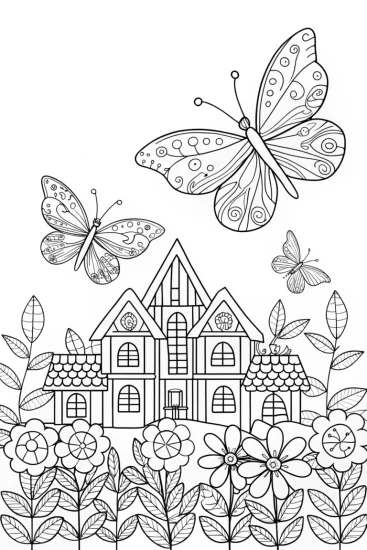 A coloring page of Butterflies building a garden city
