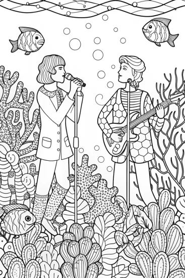 A coloring page of JJ and TomTom’s underwater concert