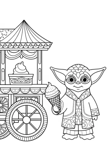 A coloring page of Baby Yoda’s ice cream stand
