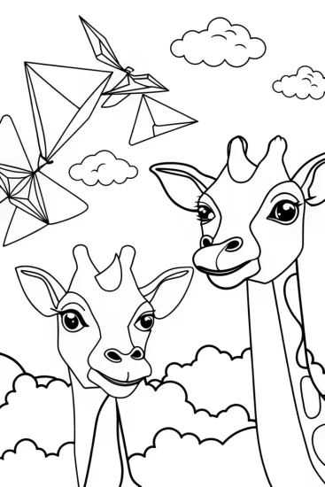 A coloring page of Animals making origami in the sky