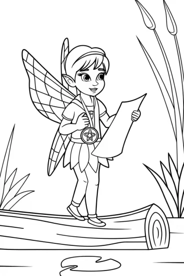 A coloring page of Fairy cartographer exploring waterway