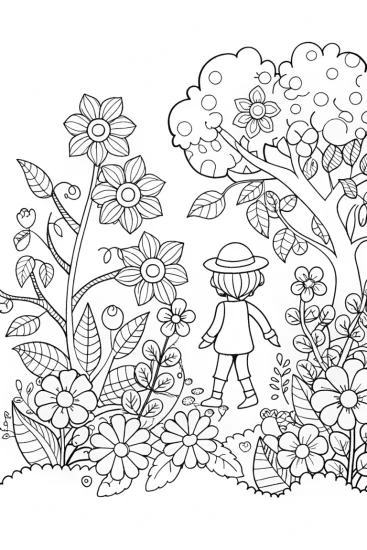 A coloring page of Gabriel in a magical garden