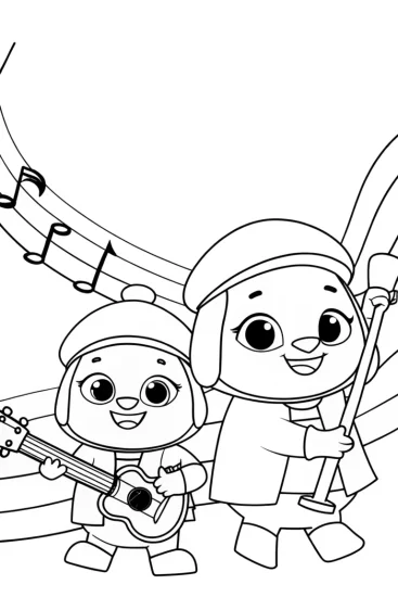 A coloring page of Squishmallows on a musical adventure