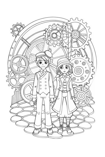 A coloring page of Anime explorers in a mechanical wonderland