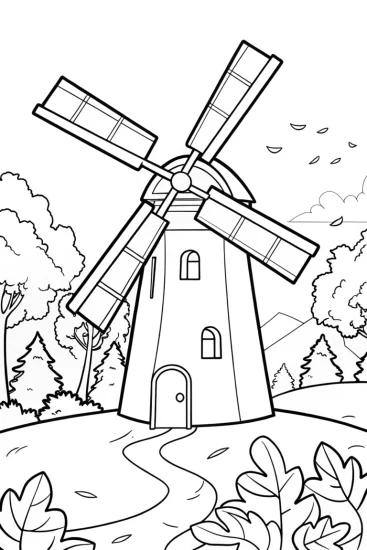 A coloring page of Windmill autumn adventure