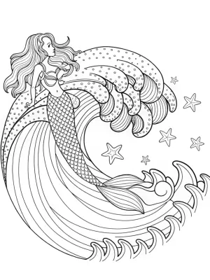 Mermaid riding a starry wave coloring pages