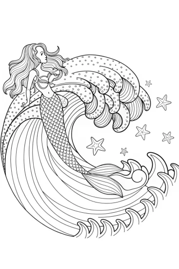 A coloring page of Mermaid riding a starry wave