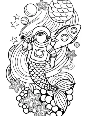 Mermaid astronaut exploring space coloring pages