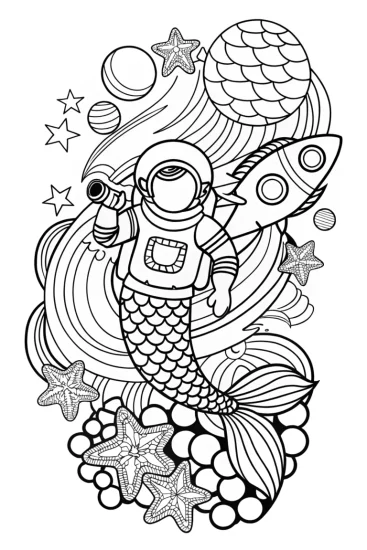 A coloring page of Mermaid astronaut exploring space