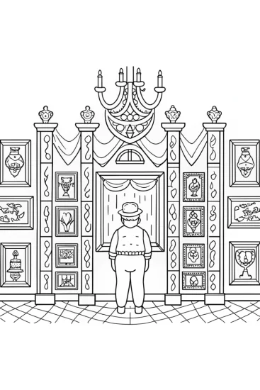 A coloring page of Bowser’s art gallery scene