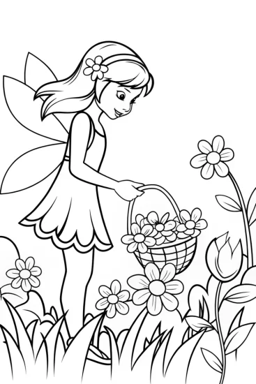 A coloring page of Fairy tending a seasonal garden