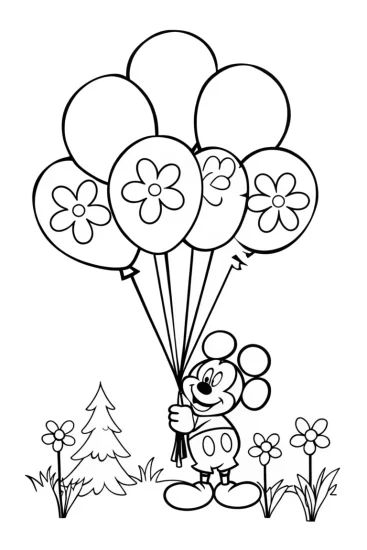 A coloring page of Mickey Mouse in a balloon garden