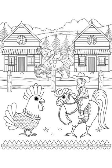 A coloring page of Chickens at a Wild West rodeo