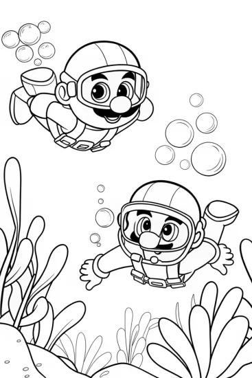 A coloring page of Mario and Luigi underwater racing