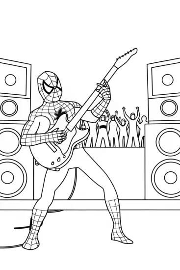 A coloring page of Spider-Man playing guitar at a festival