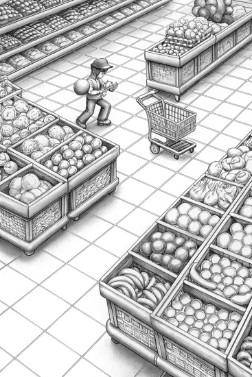 A coloring page of Mario racing in a grocery store