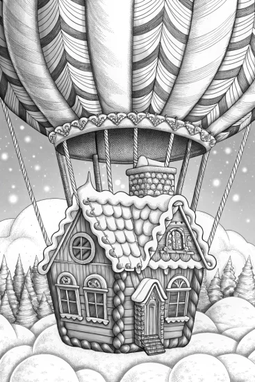 A coloring page of Gingerbread house hot air balloon