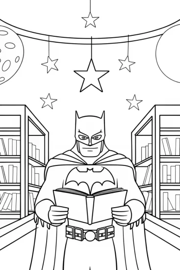A coloring page of Batman in the celestial library