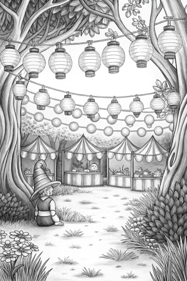 A coloring page of Gnome hosting a lantern festival