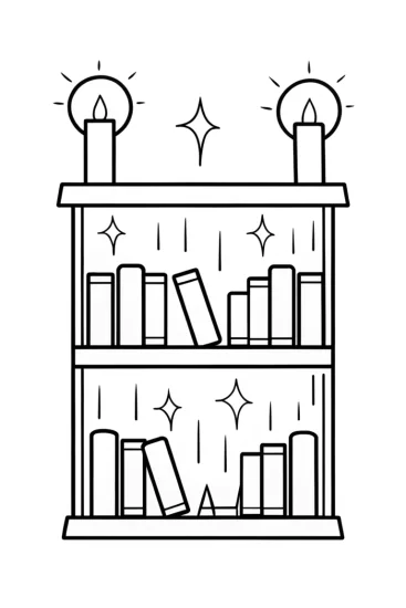A coloring page of Alphabet bookmarks in a magical library