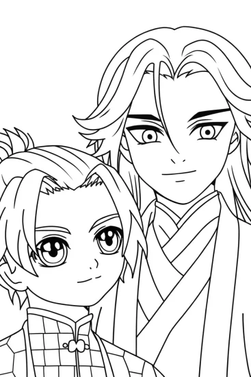 A coloring page of Demon Slayer meets the spirit guardian
