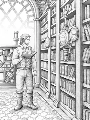 Blippi in a time-traveling library coloring pages