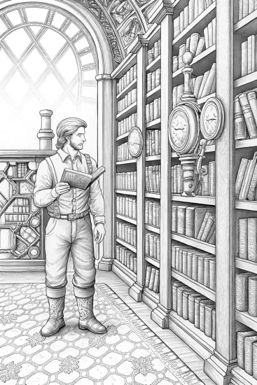 A coloring page of Blippi in a time-traveling library