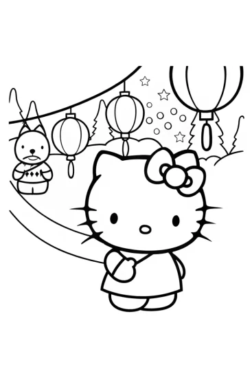 A coloring page of Hello Kitty’s lantern festival