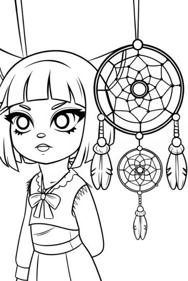 A coloring page of Kuromi crafting dreamcatchers