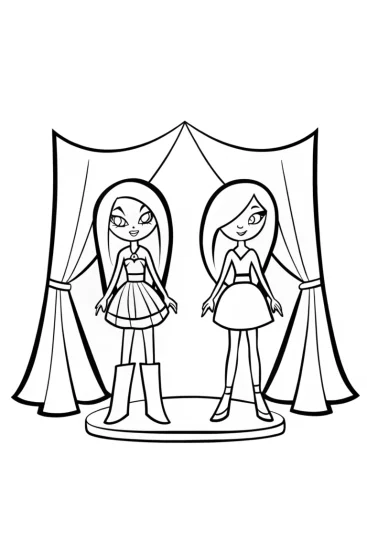 A coloring page of Bratz dolls fashion adventure