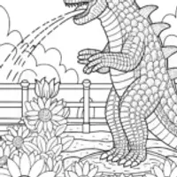 Godzilla watering an alien flower
