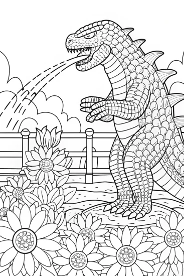 A coloring page of Godzilla watering an alien flower