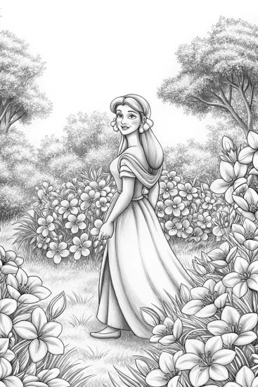 A coloring page of Jasmine in her flower garden