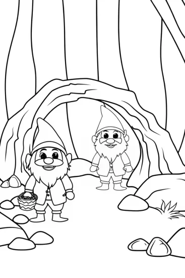 A coloring page of Gnomes treasure hunting in caves