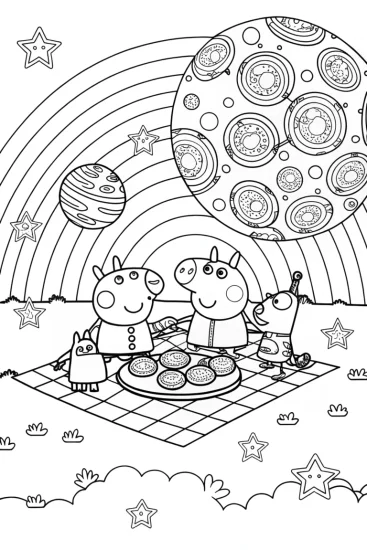 A coloring page of Peppa Pig cosmic picnic adventure
