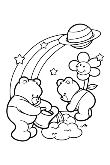 A coloring page of Care Bears gardening in space