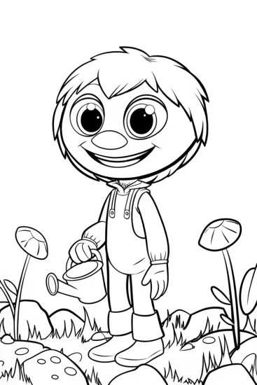 A coloring page of Huggy Wuggy gardening on an alien planet
