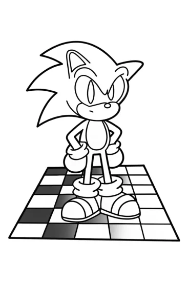 A coloring page of Sonic on a giant chessboard