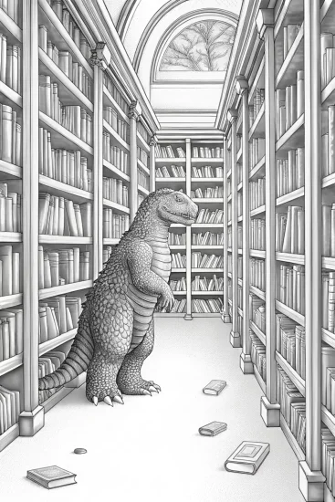 A coloring page of Godzilla in the library