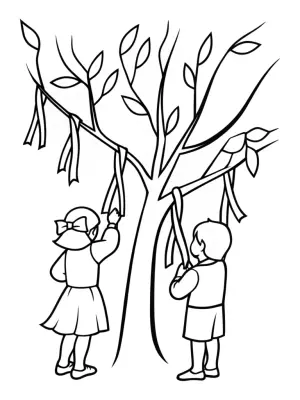 Children hanging wishes on a tree coloring pages